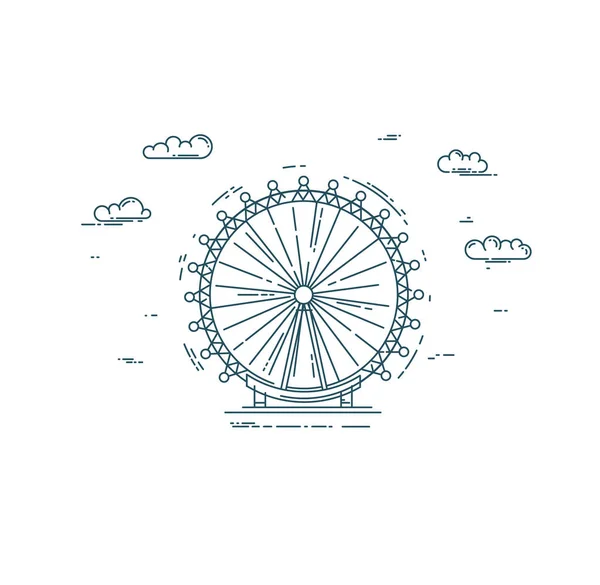 Illustration en ligne plate avec grande roue et nuages — Image vectorielle