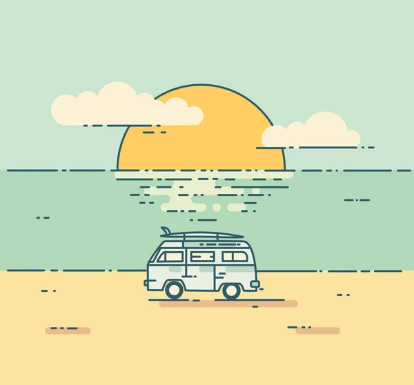 Minivan con paisaje al atardecer . — Vector de stock