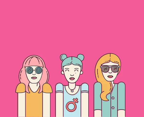 Três mulheres bonitas no fundo rosa . —  Vetores de Stock
