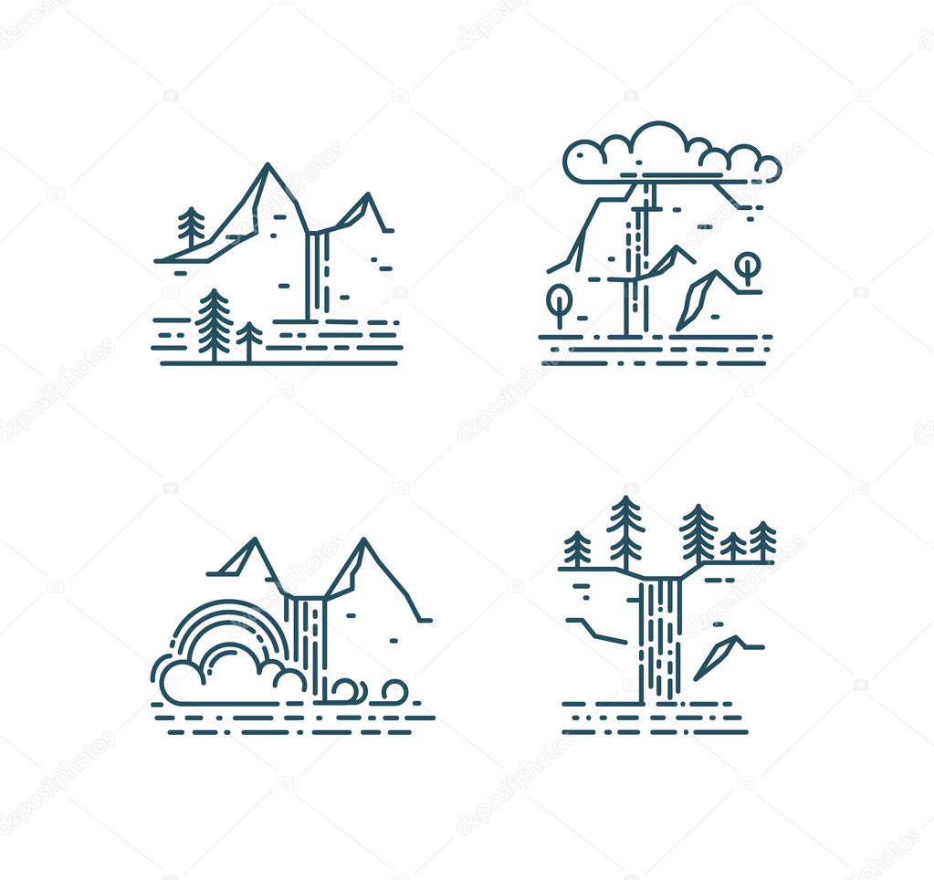 Waterfall and mountain landscape set isolated on white background. Trendy line style icons, vector illustration