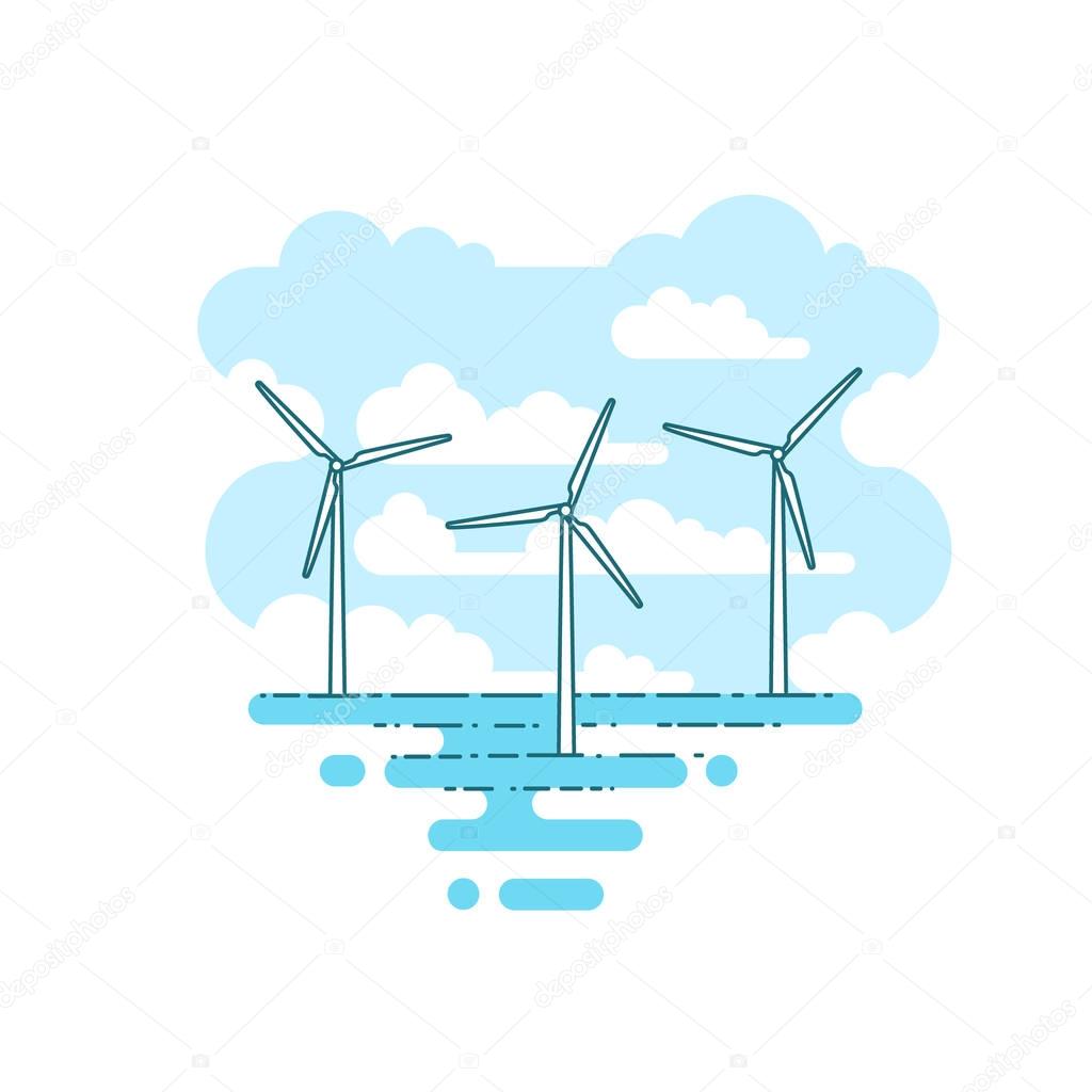 Vector illustration with wind turbine in the sea