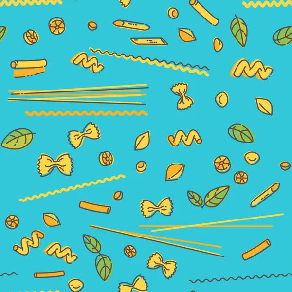 Pâtes et basilic motif sans couture sur bleu — Image vectorielle
