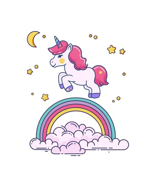 Şirin unicorn ve rainbow ile düz illüstrasyon