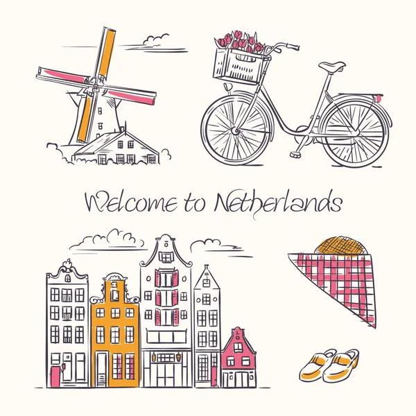 Amsterdam symbolen in schetsmatige stijl. — Stockvector