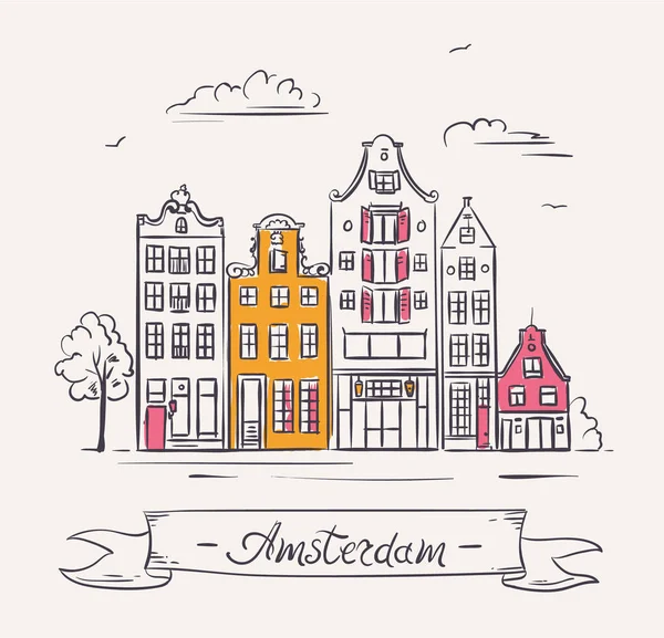 Casas antiguas en Amsterdam, Países Bajos. — Vector de stock