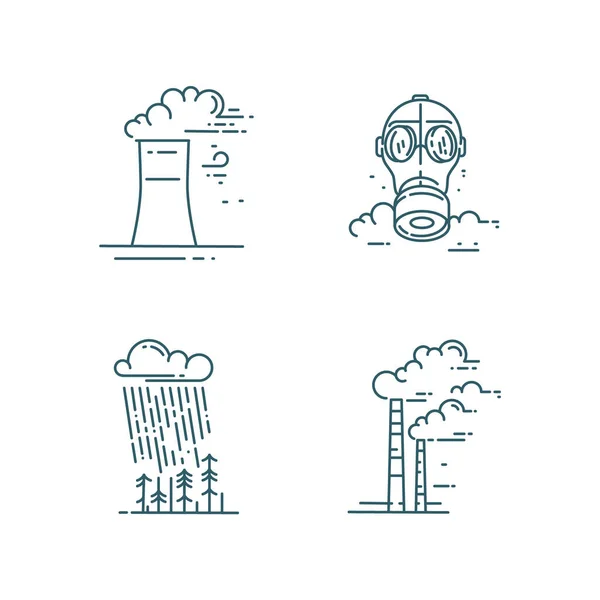 Conjunto de iconos de línea de contaminación del aire y el suelo . Vector de stock