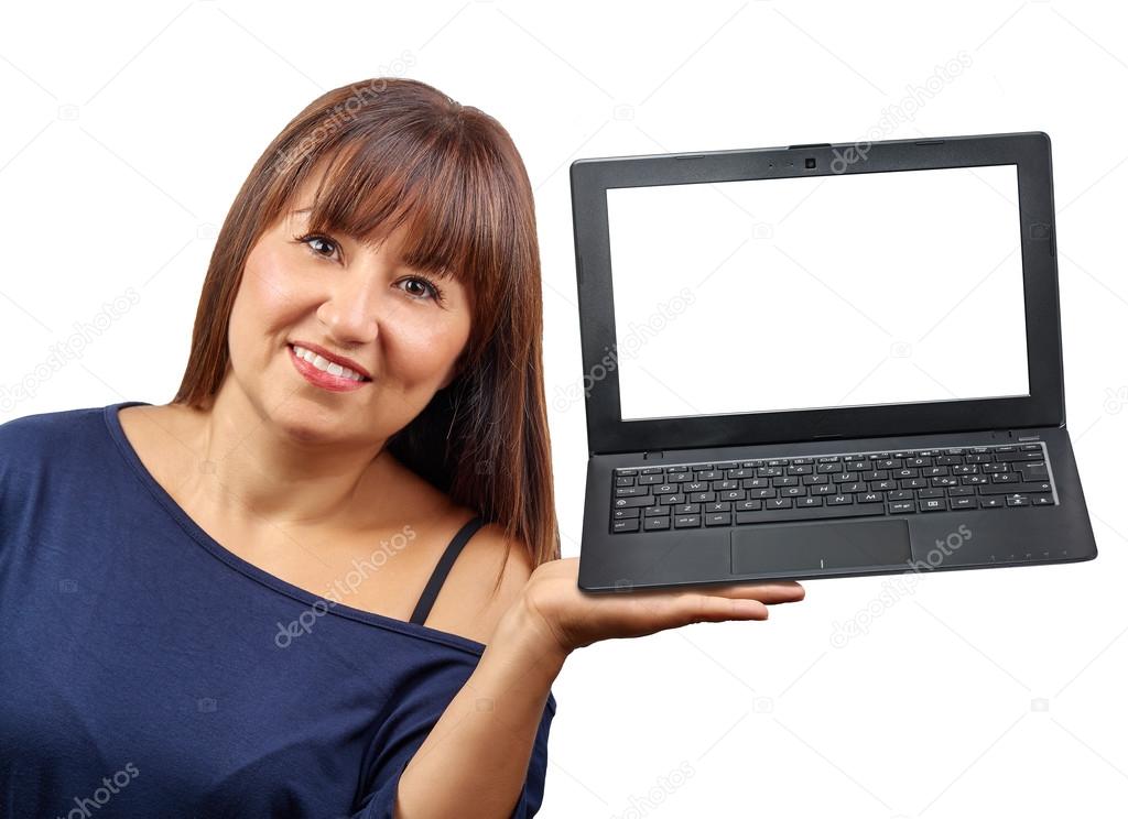 Brunette woman laptop blank screen isolated