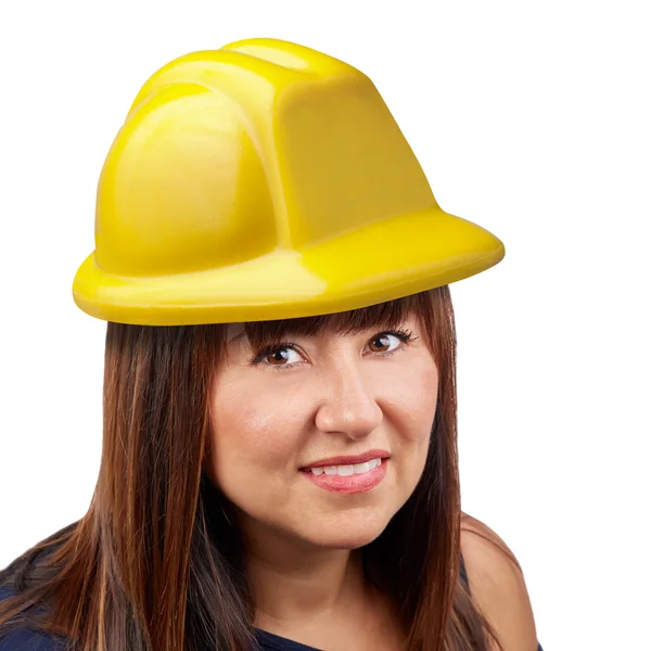 Mulher retrato duro capacete amarelo isolado — Fotografia de Stock