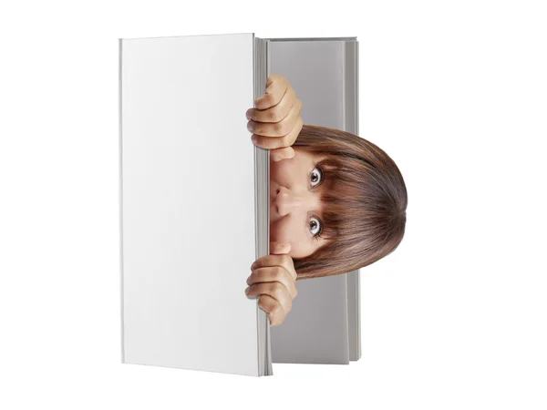 Mujer apareciendo en blanco tapa dura libro buscando sorprendido asustado aislado — Foto de Stock