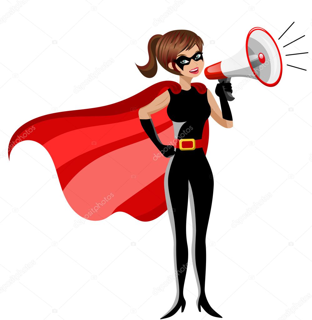 Superhero woman standing speaking megaphone isolated