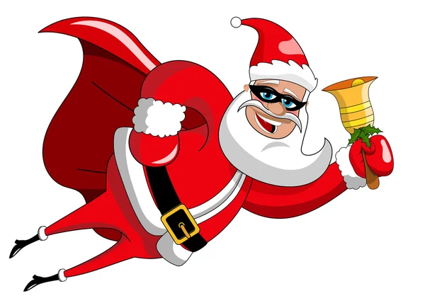 Santa Claus szuperhős repülő elszigetelt gyűrűzési karácsonyi harang — Stock Vector