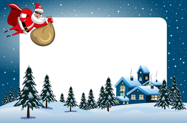 Marco de Navidad Santa Claus superhéroe vuelo noche nevado paisaje — Vector de stock