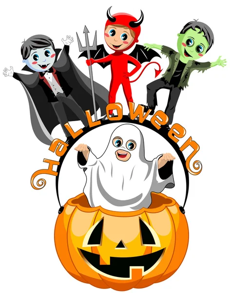 Boldog gyerekek jelmez halloween sütőtök vödör elszigetelt — Stock Vector