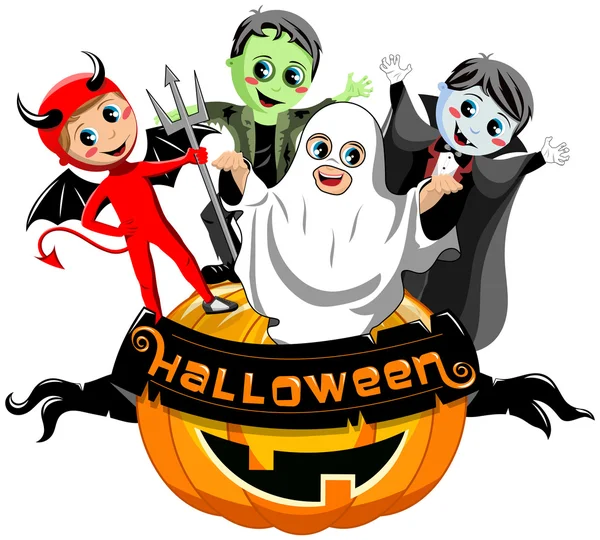 Happy Kids costume à Halloween sur grande citrouille isolée — Image vectorielle