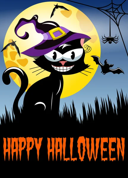 Joyeux Halloween nuit fond chat grande lune — Image vectorielle