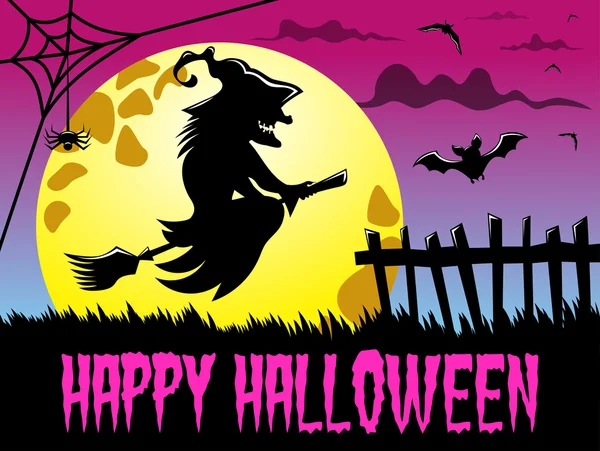 Happy Halloween fond silhouette volant sorcière grande pleine lune — Image vectorielle