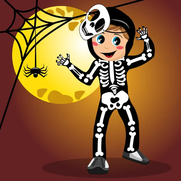 Enfant squelette halloween costume pleine lune — Image vectorielle