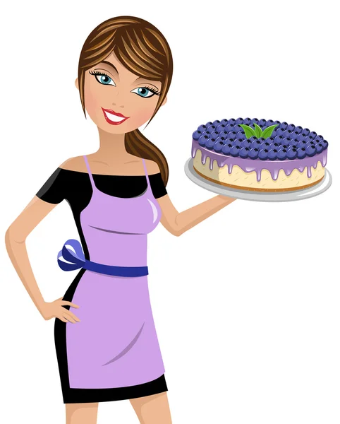 Wanita memasak blueberry cheesecake terisolasi - Stok Vektor