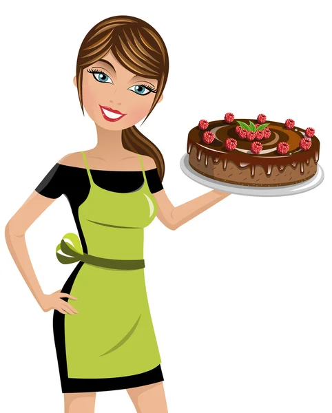 Mujer cocinar pastel de queso frambuesas chocolate aislado — Vector de stock