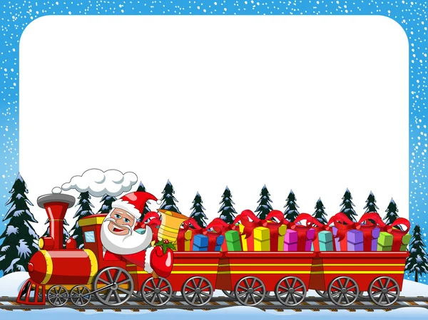 Desenhos animados Papai Noel Entregando presentes condução locomotiva a vapor quadro horizontal — Vetor de Stock