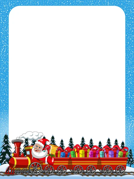 Cartoon Babbo Natale Consegna regali guida a vapore telaio verticale locomotiva — Vettoriale Stock