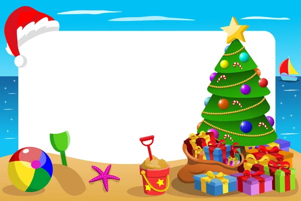 Χριστούγεννα οριζόντιο πλαίσιο τροπική παραλία με χριστουγεννιάτικα κρέμονται καπέλο. — Διανυσματικό Αρχείο