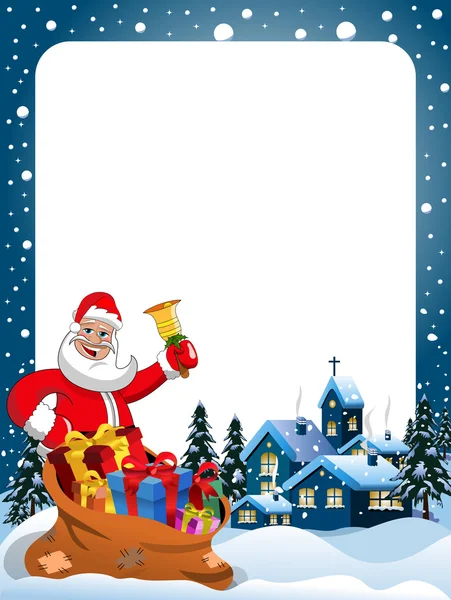Xmas ram med Santa Claus ringer klocka på julnatten — Stock vektor