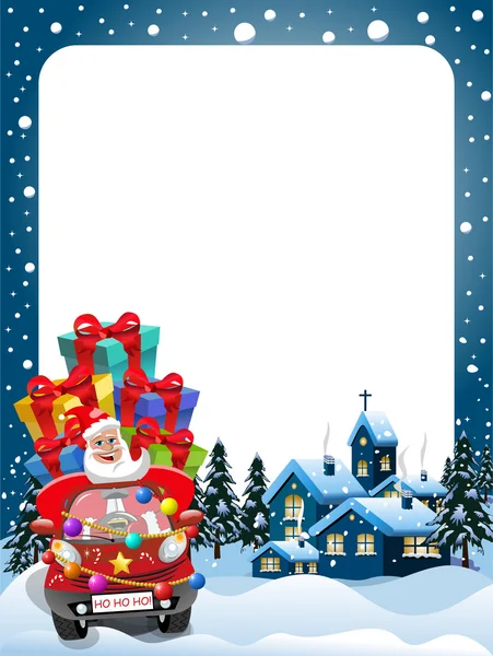 Vánoční rámeček Santa Claus vozem dárky vánoční noc — Stockový vektor