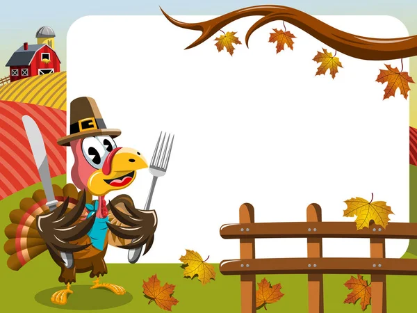 Thanksgiving day horizontale frame pelgrim Turkije eten vork mes — Stockvector