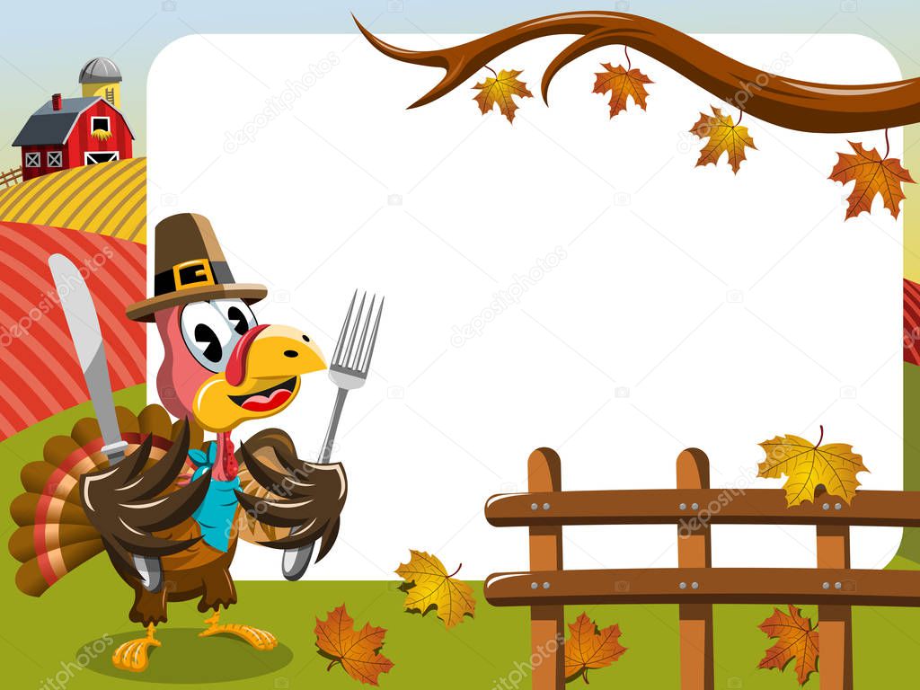 Thanksgiving day horizontal frame pilgrim turkey eating fork knife
