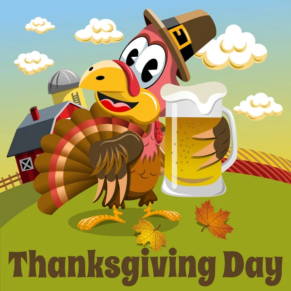 Thanksgiving day background pilgrim turkey holding beer mug — Stock Vector