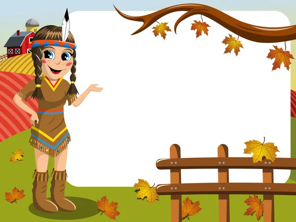 Little Girl Native American Indian kostuum presenteren leeg frame buiten — Stockvector