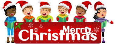 Multicultural kids wearing xmas hat and singing Christmas carol behind banner isolated clipart