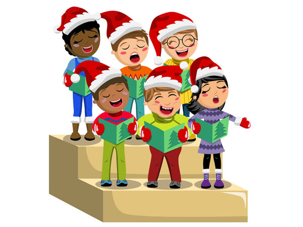 Мультикультурные дети xmas шляпа пение рождественский хор восход изолированы

