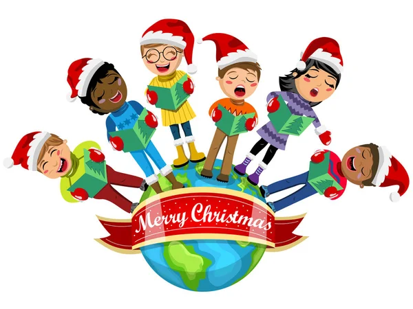 Crianças multiculturais usando chapéu xmas cantando cântico de Natal Terra isolada — Vetor de Stock