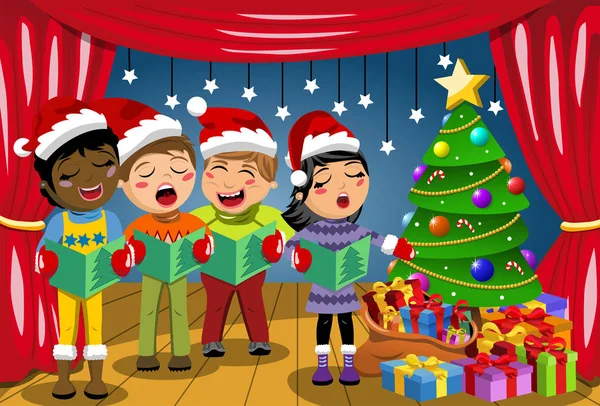 Çok kültürlü çocuklar Noel şarkı xmas şapka giyen doğuş oyun sahne carol