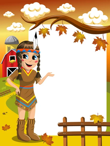 Маленькая девочка в индейском костюме представляет пустую вертикальную сельскую местность — стоковый вектор