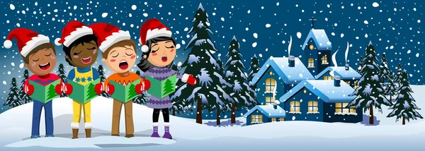 Multikulturális gyerekek xmas kalap énekelni karácsonyi carol üres keret — Stock Vector