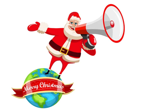 Santa Claus top earth wishing merry christmas megaphone isolated — Stock Vector