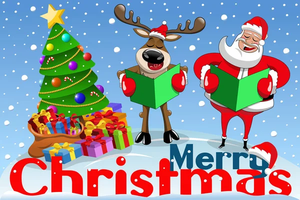 Різдвяний банер мультфільм Санта Клаус олень співає сніг — стоковий вектор