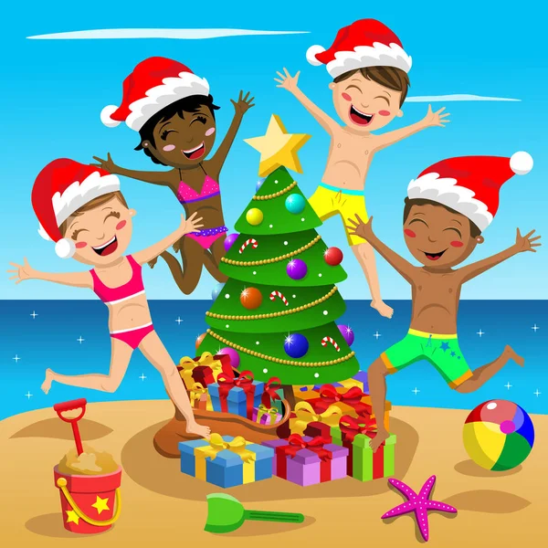 Happy Multicultural Kids maiô xmas chapéu saltando árvore praia tropical — Vetor de Stock