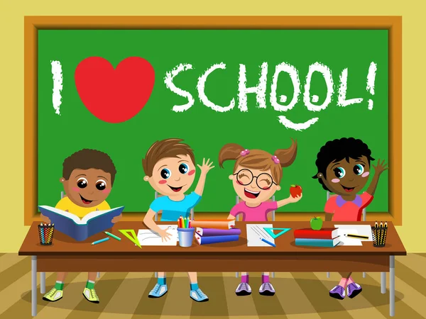 Iskola blackboard boldog gyerekek gyerekek tantermi szeretem — Stock Vector
