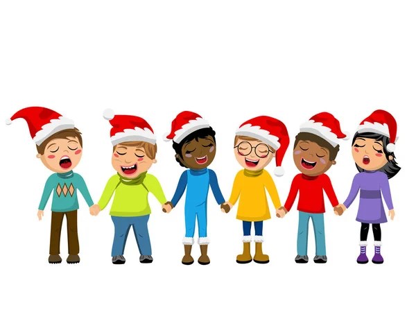 Multicultural crianças xmas chapéu cantando Natal carol mão isolada — Vetor de Stock