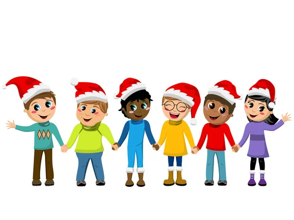 Çok kültürlü çocuklar Noel şapka el izole elinde — Stok Vektör