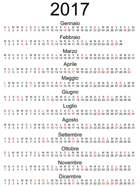 Calendario 2017 días festivos oficiales italianos marcados aislados — Vector de stock