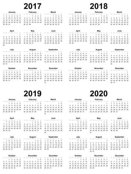 Vetor de modelo de calendário simples 2017 2018 2019 2020 — Vetor de Stock