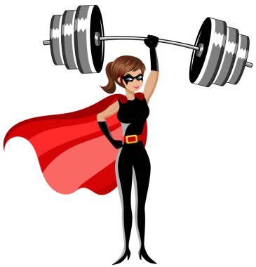 Superhero woman weightlifter lifting heavy weights above head isolated clipart