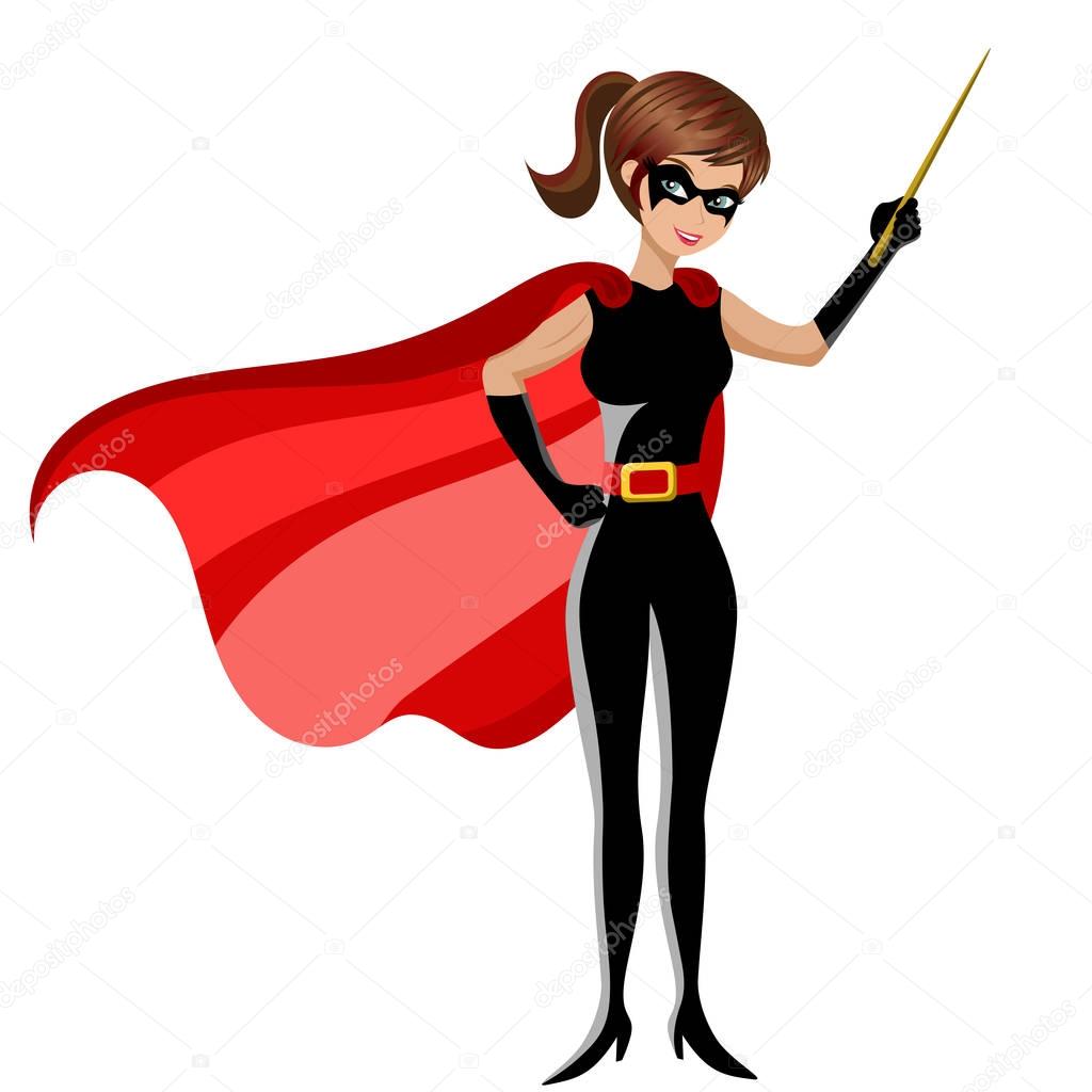 superhero woman holding stick teaching isolated