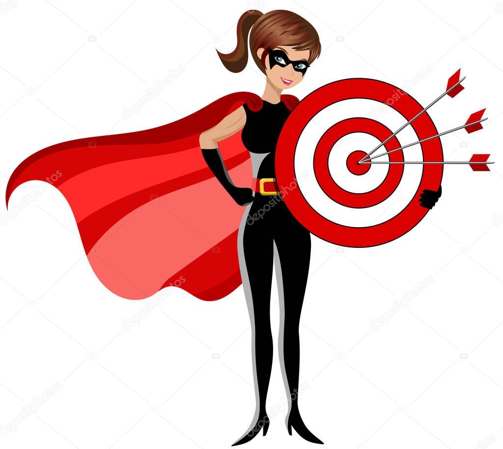 Superhero woman holding target arrows center isolated