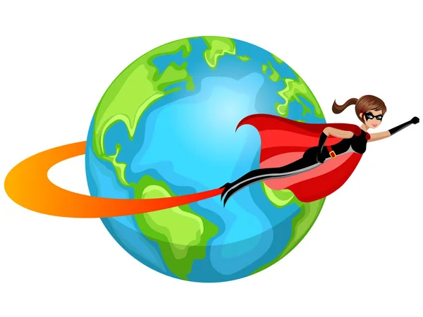 Женщина-супергерой, летающая вокруг света изолирована — стоковый вектор